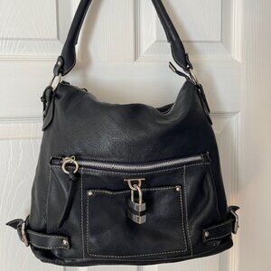 LAURA DI MAGGIO | Black Pebbled Leather Shoulder bag with Charm Padlock-EUC